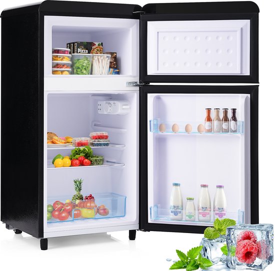 Retro koelkast zwart Sweiko, 72L totaal, dubbele deur, 21L vriesvak, verstelbare planken, LED, energieklasse E