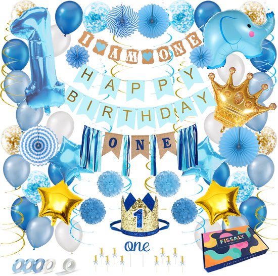 Fissaly Baby 1 Jaar Verjaardag Versiering Jongen XXL – Happy Birthday Kind Decoratie Incl. Ballonnen – Blauw