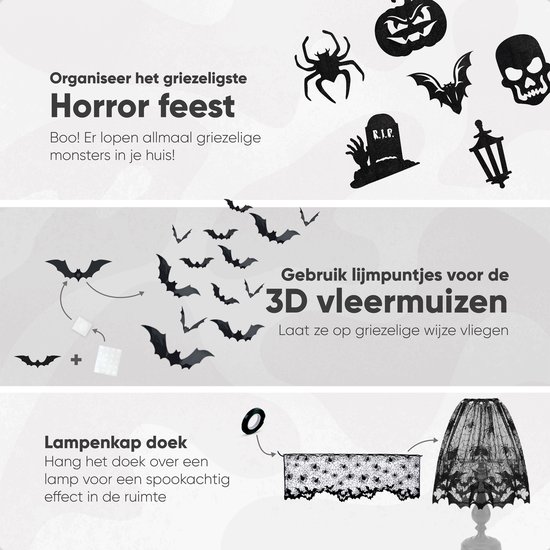 Halloween decoratie: zwarte 3D vleermuizen, spinnen, pompoen, schedel, grafsteen en lantaarn. Lampenkap met spinnenweb en vleermuizen.