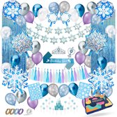 Fissaly ® 94 pièces Décoration de décoration d'anniversaire Thema Frozen - Pack de fête avec des ballons, décoration de gâteau, banderoles, banderoles - Fête des enfants - Elsa, Anna, Olaf