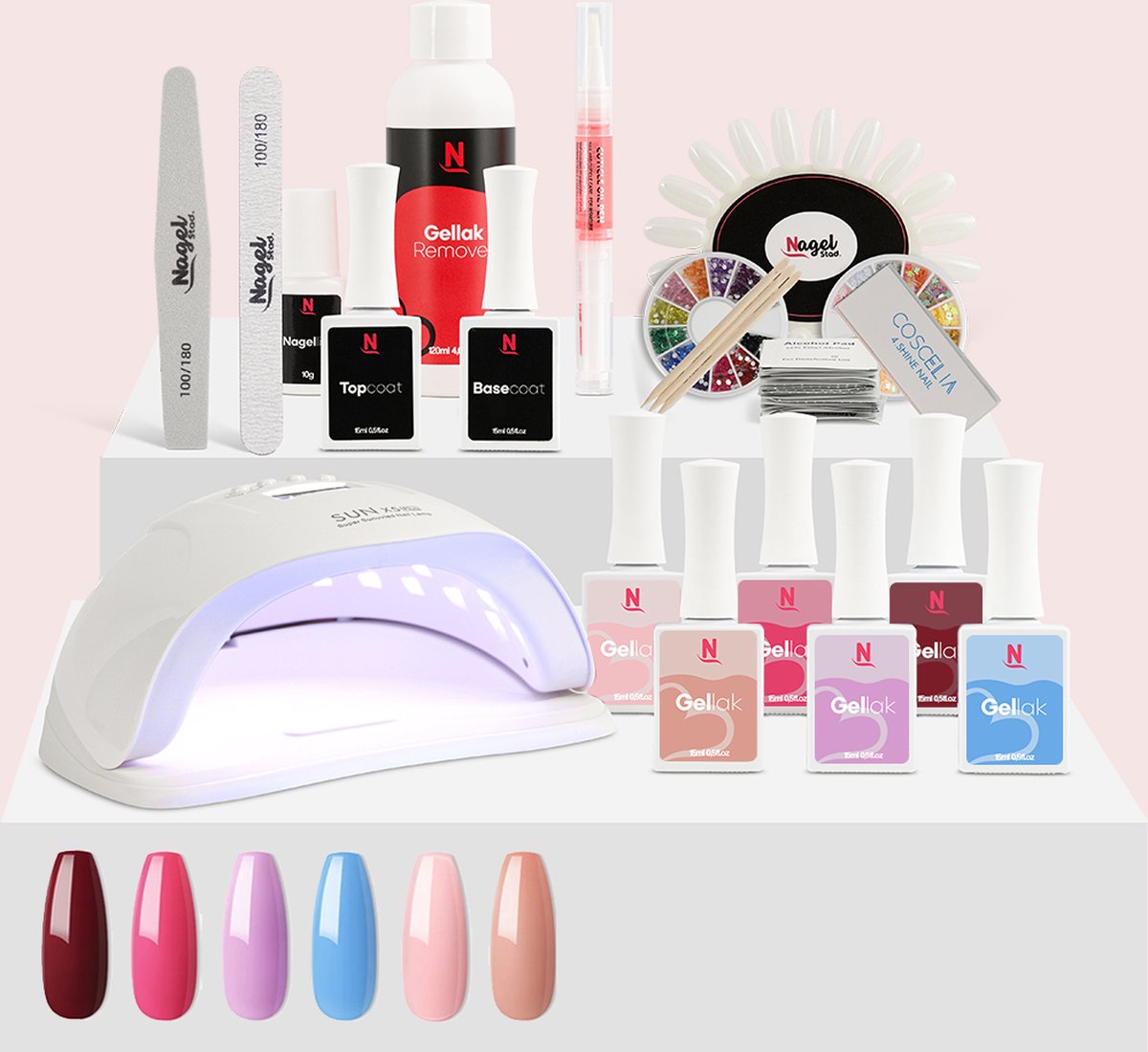 Goedkoopste Nagelstad | Premium XL Gelnagels Starterset | Manicure Starterspakket | 6 Kleuren Gellak (15ml) Inclusief 80W UV/LED Lamp | Gellac | HEMA-Vrij | Gel Nagellak