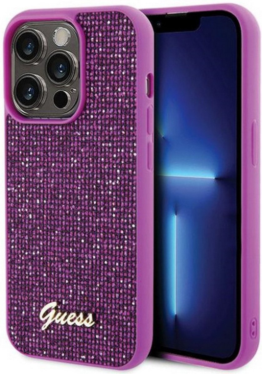 Guess Rhinestones Script Logo Back Case - Geschikt voor Apple iPhone 15 Pro (6.1") - Fuchsia