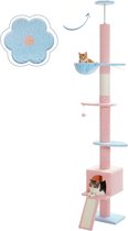PAWZ Road krabpaal voor katten - krabpaal tot aan het plafond verstelbaar - 216-273 cm - Blauw/Roze - Plafondhoog - Met kattenhuis - Kattenmand - Hangmat