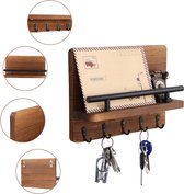 Sleutelrek & brievenbus van hout met 5 sleutelhaken, houten wandrek, voor sleutelplank, organizer, muur, sleutelrek met plank, houten brievenhouder