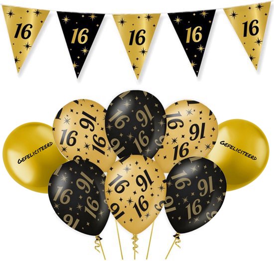 16 Jaar Feest Verjaardag Versiering Ballonnen Slingers Gefeliciteerd Goud & Zwart Decoratie – 9 Stuks