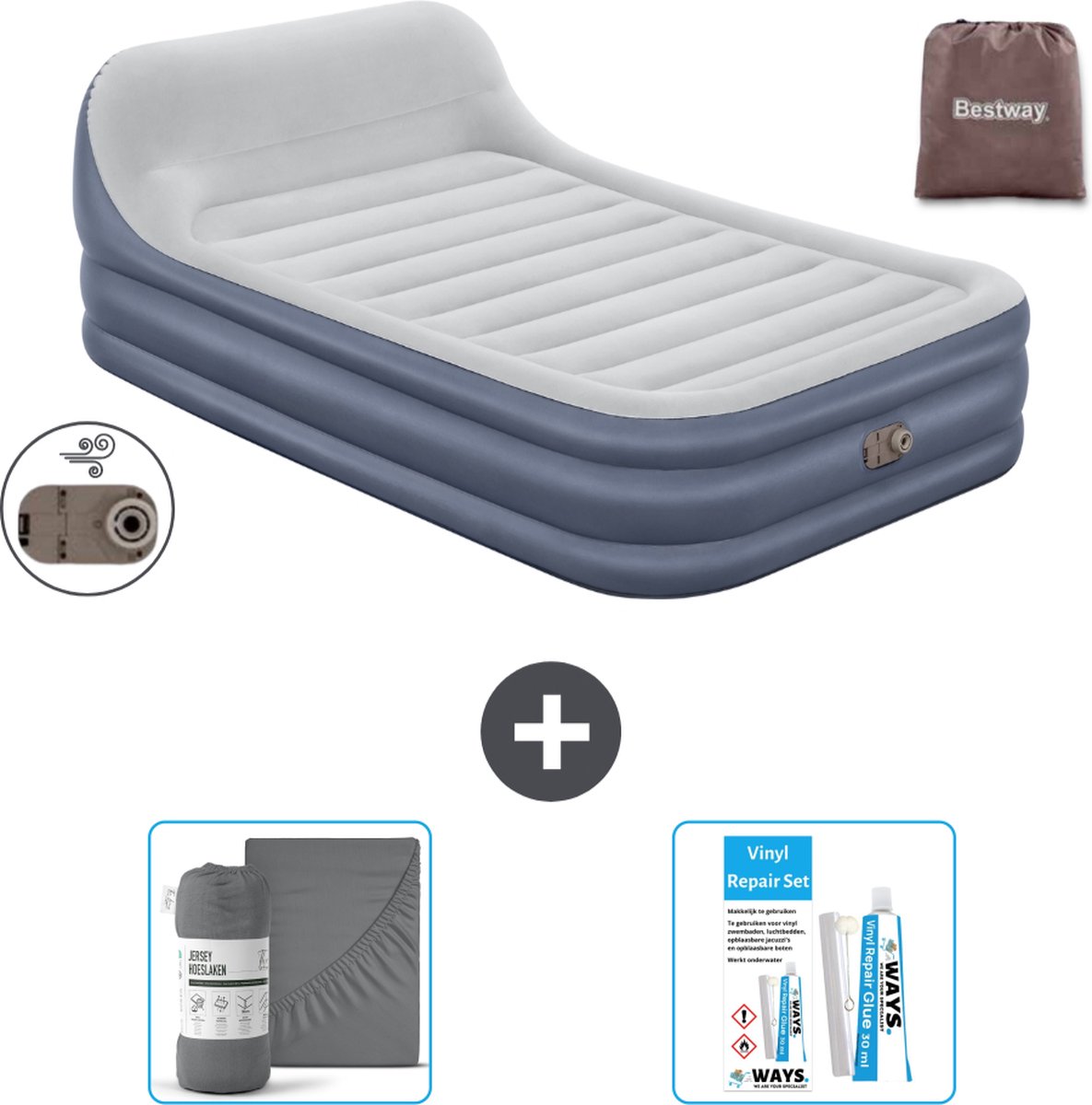 Bestway luchtbed - 2-Persoons - 152 x 226 x 46 cm - Grijs - Inclusief pomp - Hoeslaken en Reparatieset