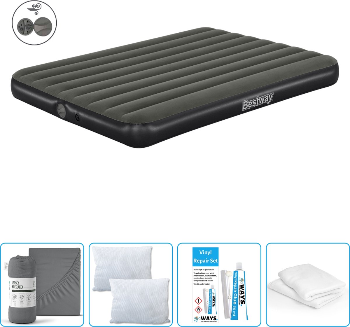 Bestway luchtbed - 2-Persoons - 152 x 203 x 25 cm - Groen - Inclusief pomp - Hoeslaken - Kussen - Kussenbeschermer en Reparatieset