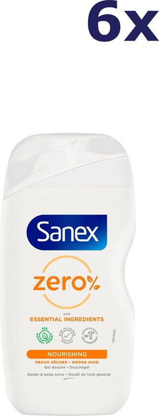 Gel douche Sanex Zero% Nourishing pour peau sèche, 400ml, avec 'essential ingredients'
