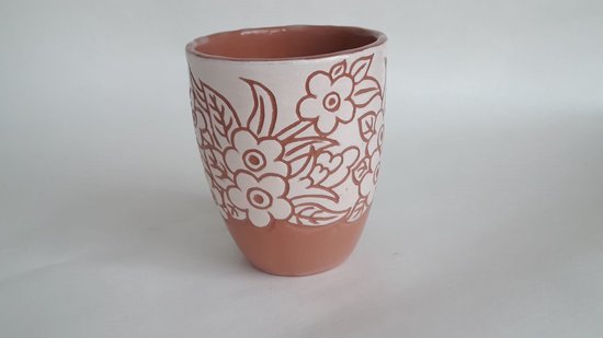 Koffie/theekopje - mok - beker - 230ml - wit en rood - zonder handvat - moderne mok met patroon - ander design - thee/koffiekopje servies - aardewerk - keramiek - handgemaakt - handgeschilderd - vaderdagcadeau - verjaardagscadeau