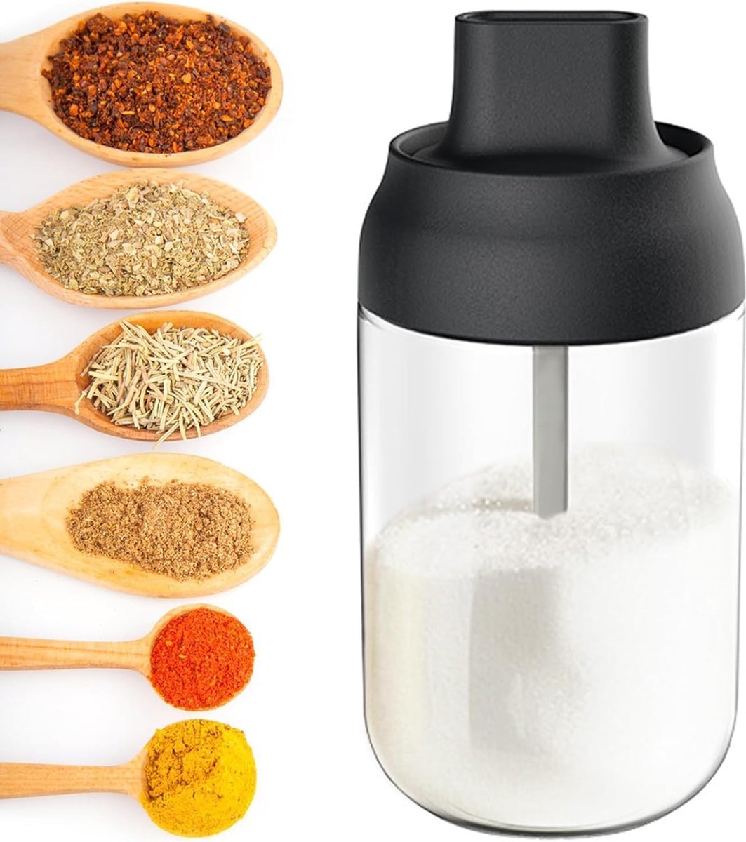 Kruidenpotje met lepelafdichting 250 ml groot zoutvaatje transparante zegel suikerstrooier kruidenpotje huishoudelijke kruidenfles voor de keuken grillen in de open lucht bbq koken