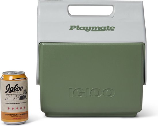 Groene en witte Igloo Playmate koelbox naast een Igloo frisdrankblikje.
