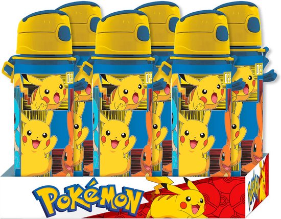 Set van zes blauwe Pokémon drinkflessen met Pikachu, Squirtle en Charmander. Geel met blauw deksel. Verpakt in een display met Pokémon logo.