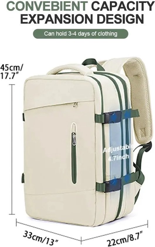 KOSMOS - Reistas - Rugzak - Handbagage - USB poort - Backpack - Waterafstotend - 55L - Beige Groen
