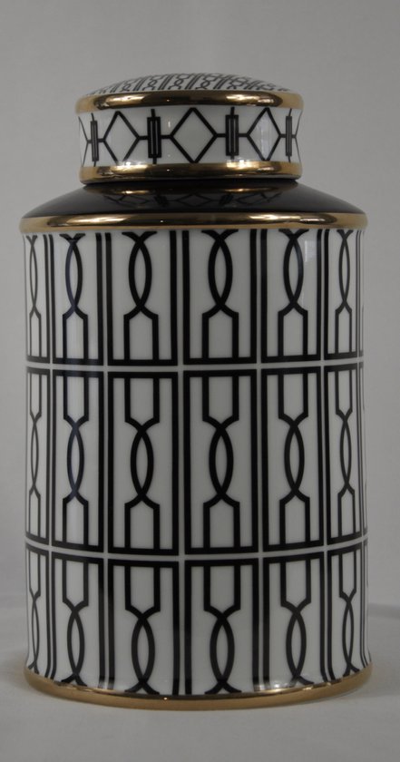 Home Design Keramiek stijlvolle vaas/pot M (28,5cm hoog) met deksel zwart/wit/goud