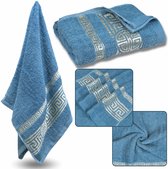 Blauwe katoenen handdoek met decoratief borduursel, badhanddoek, Egyptisch patroon 70x135 cm