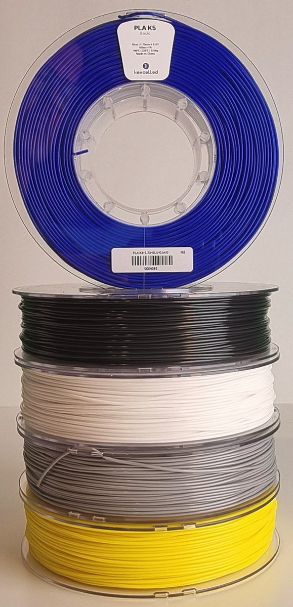 Kexcelled PLA K5 - 3D Printer Filament Combideal - 5 x 500g (2,5kg) - Blauw, Zwart, Wit, Grijs, Geel - 1.75mm