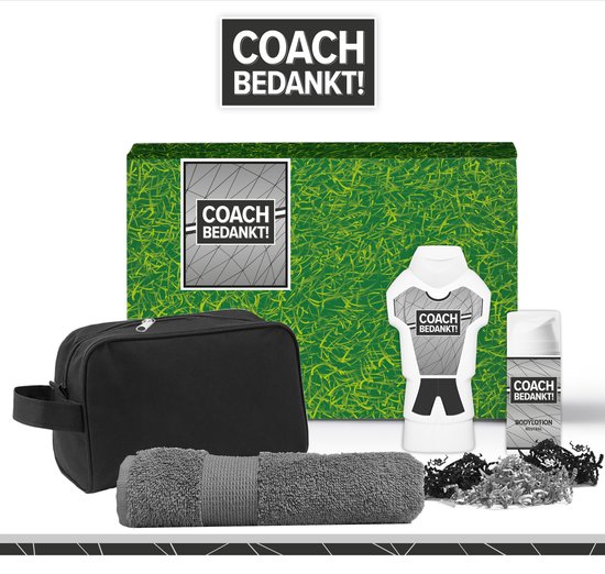 Foto: Geschenkset coach bedankt 4 producten 800 gram toilettas zwart handdoek grijs wellness cadeau trainer douchegel man toernooi 2024 voetbal hockey korfbal rugby sport wedstrijd kampioen giftset einde voetbalseizoen 23 24 25