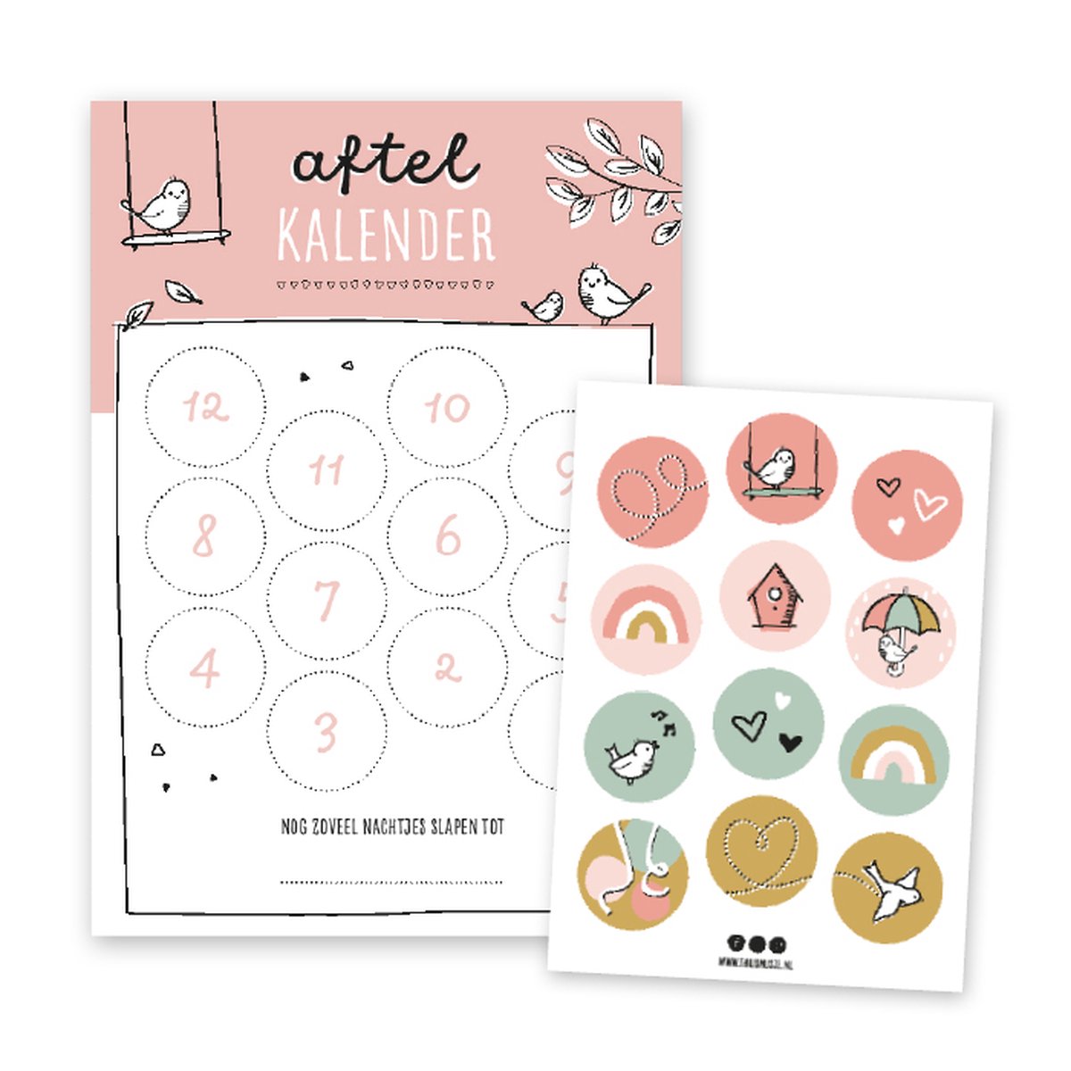 Thuismusje Aftelkalender - Roze - A4 formaat - inclusief 12 stickers