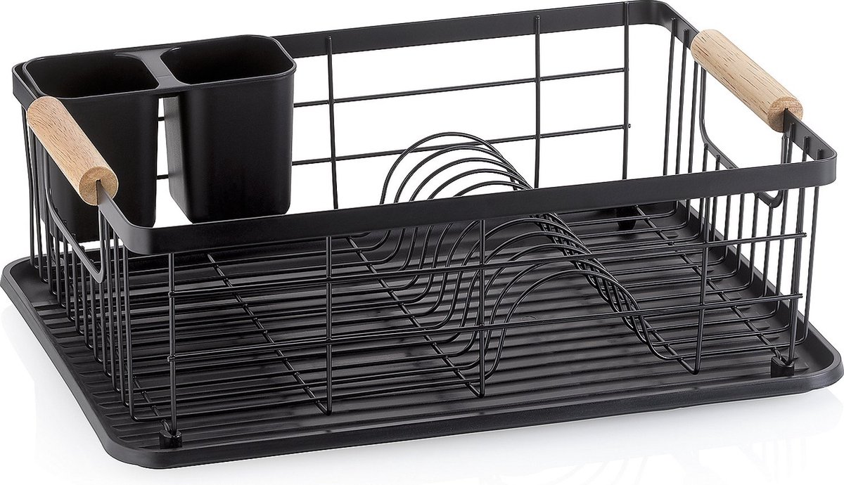 Goedkoopste Afdruiprek, Metaal, Rubberhout, Zwart, 31.5 x 42 x 15 cm - Kela | Rica