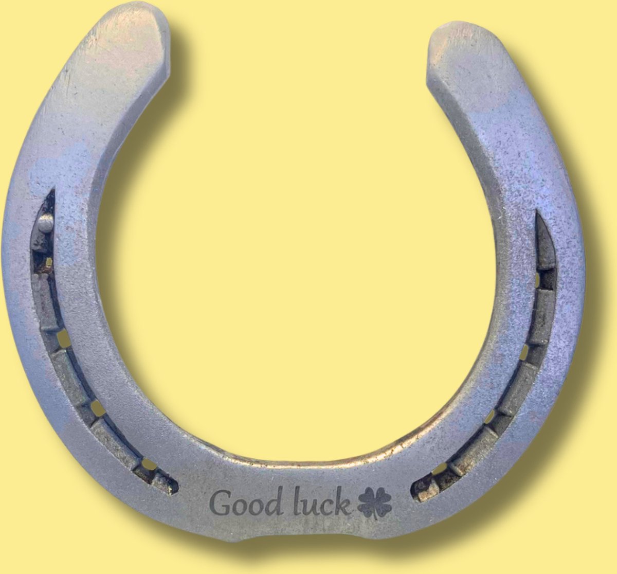 Hoefijzergeschenk.nl - Hoefijzer 'Good luck' - Geluksbrenger - Zilver - IJzer- Met klavertje vier - 15 x 15 cm