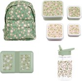 A Little Lovely Company Set de rentrée - Sac à dos/Bouteille/4 Boîtes à goûter/Boîte à lunch - Blossoms Vert sauge