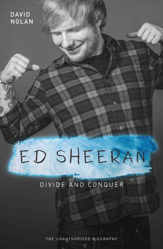 Ed Sheeran, 'Divide and Conquer - The Unauthorised Biography' boek met Ed Sheeran op de cover in een geruit overhemd.