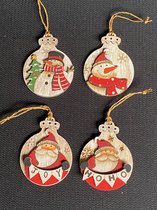Set van 4 stuks - Houten kerstdekoraties om op te hangen - Kerstversiering - Kerst Ornament - H=7,7cm B=6cm - 4 assortie