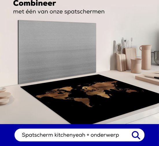 Zwarte inductiebeschermer met bronzen wereldkaart, gecombineerd met een grijze spatscherm.