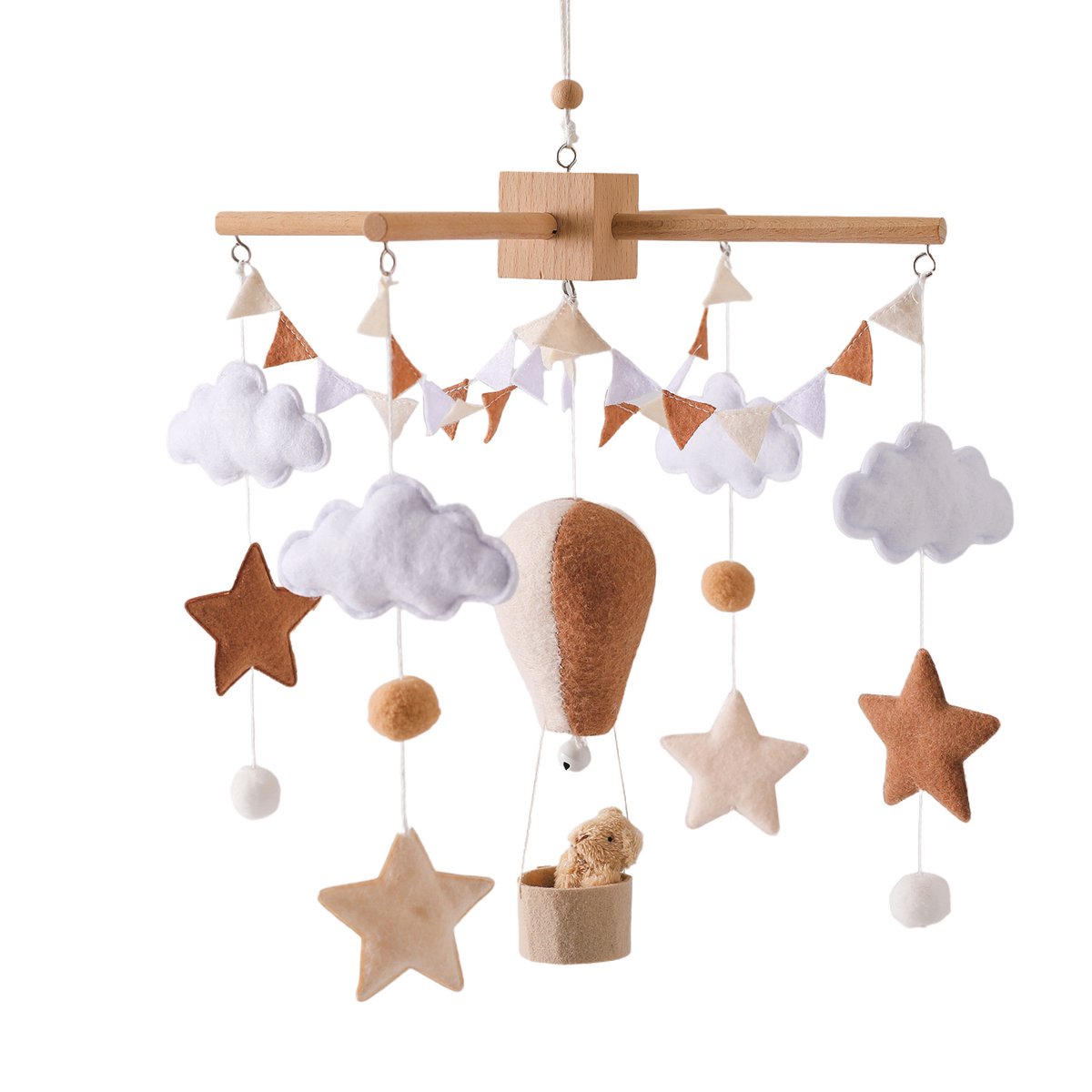 Joymaxx® Mobiel Baby Luchtballon met Houten Houder - Baby Mobiel voor Box - Neutrale Kleur Babykamer Decor - Boxmobiel Vilt en Hout - Wiegmobiel- Kraamcadeau- Muziekmobiel baby- Box Accessoires – foto 8
