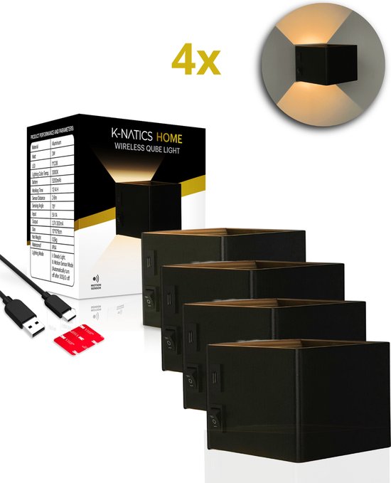 KagoLing Led-wandlamp voor binnen, met bewegingssensor, 2 stuks, 4000 mAh batterij, draadloze wandlamp met afstandsbediening, 3 kleuren/modi, zonder boren, wanddecoratie, wandlamp voor slaapkamer
