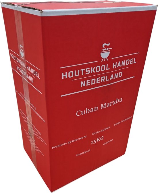 Houtskool Handel Nederland box met "Cuban Marabu" 15KG, "Premium geselecteerd", "Grote stukken", "Lange brandduur".