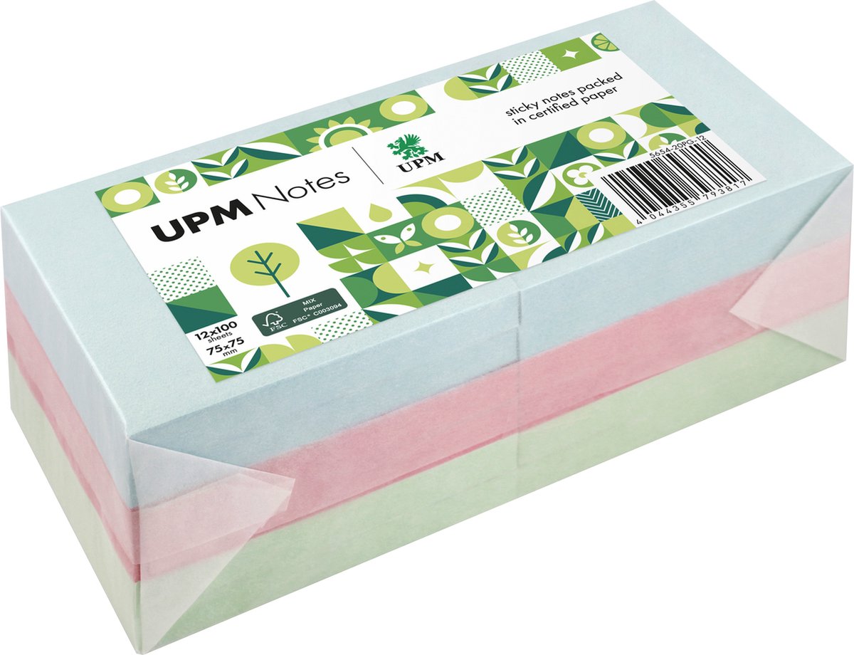UPM sticky notes - Pastel - 12 x 100 vel - 75x75mm - blauw, roze, groen - IN-5654-20PG12