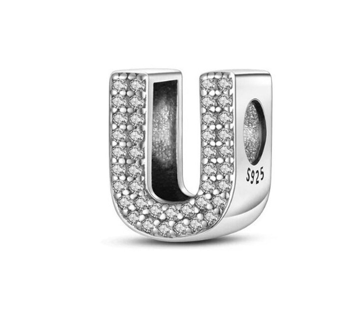 Zilveren Bedel U | Letter | Alfabet | ABC | Sieraden | Moederdag Cadeau | Past op alle bekende merken Armbanden | 925 Zilver Armband | Romystones