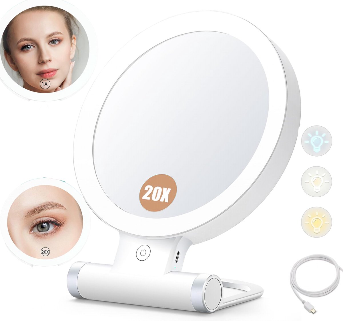 Goedkoopste Vergrootspiegel met Licht - 20X/1X Dubbelzijdig Tafelblad Draagbare Verlichte Make-up Schoonheidsspiegel - 3 Kleuren Verlichting - Dimbaar Aanraakscherm