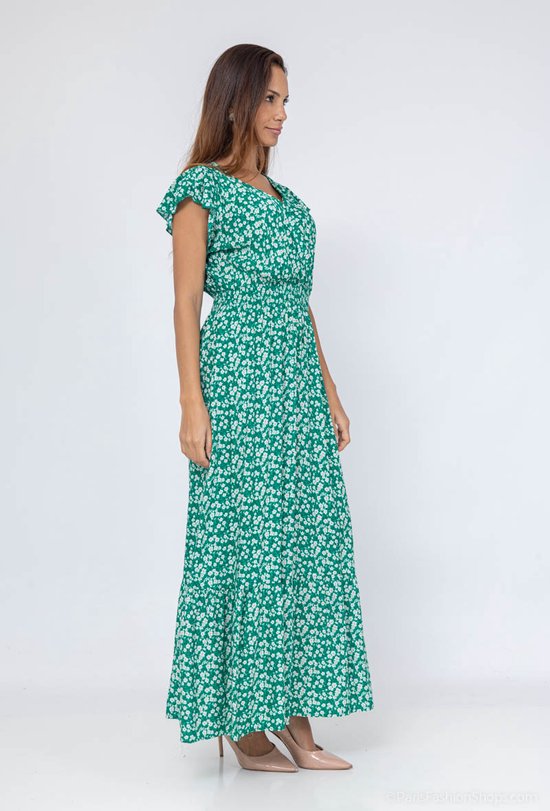 Lange dames maxi jurk Tess gebloemd motief groen wit oranje zwart strandjurk L/XL