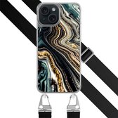 Hoesje met zwart koord - Geschikt voor iPhone 15 - Marmer swirl - Verstelbaar & verwisselbaar koord - TPU backcover - Multi - Leuke Telefoonhoesjes