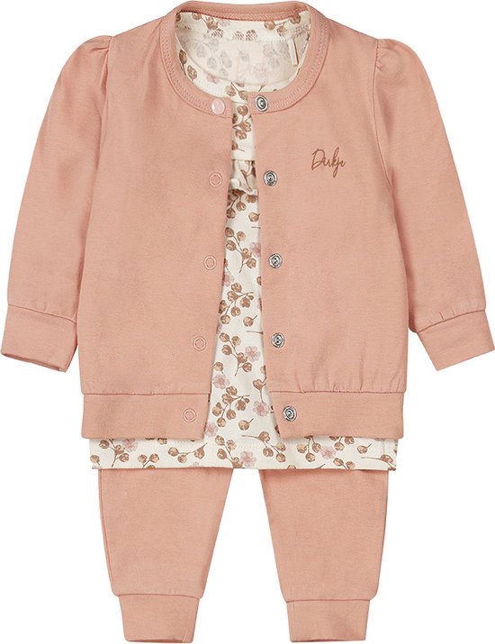 Roze set: vestje, jurk met bloemenprint en joggingbroek. Met "Dirkje" opschrift.
