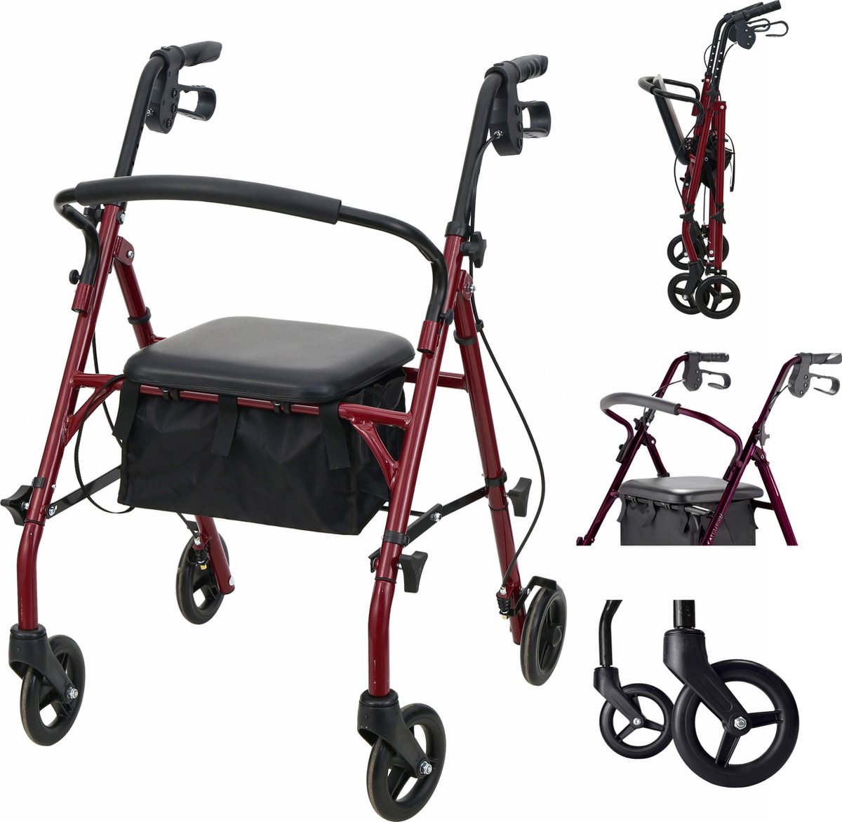 Goedkoopste Medmotion® Lichtgewicht Opvouwbare Rollator Voor Binnen en Buiten Met Zitting en Transporttas – In Hoogte Verstelbaar & Met Zwenkwielen – tot 136 kg - Burgundy