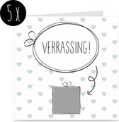5x Kraskaart | VERRASSING | kaart met krassticker | voor zwanger / trouwen / gender reveal / cadeau