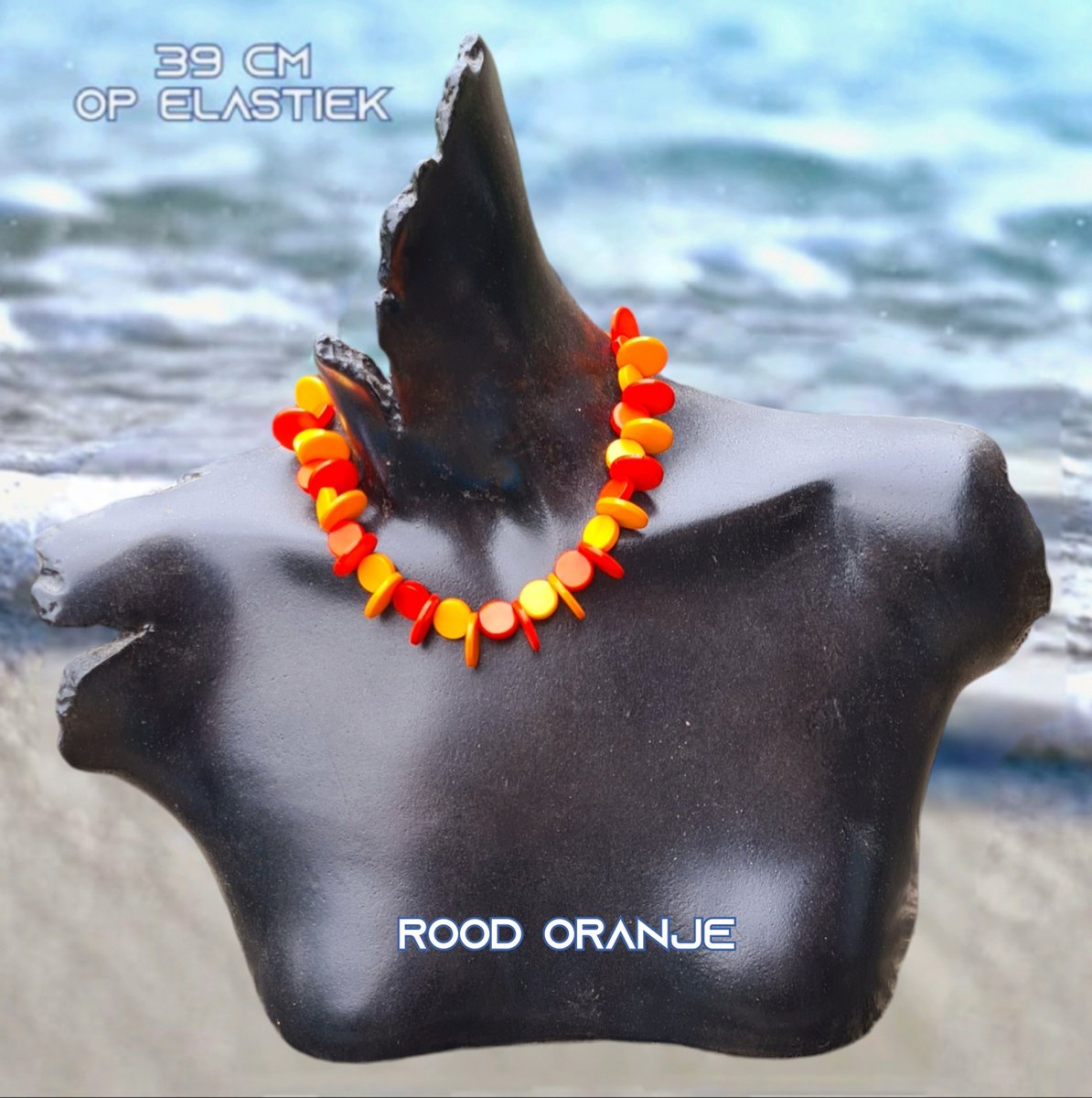 Fashion Jewelry - Going Retro® - Vrolijke ketting met kunststof variatie beads op elastiek - 39 cm rekbaar - 1 stuks - Rood Oranje - Casual - Strand - Thema Feest - Festival - Kinderen Tieners Volwassenen - Unisex