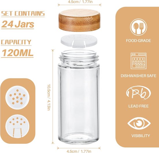 KIVY Kruidenpotjes met strooi-inzetstuk, 24 x 120 ml, 240 waterdichte labels, luchtdichte kruidenpotjes, vierkant, zwarte bamboedeksel