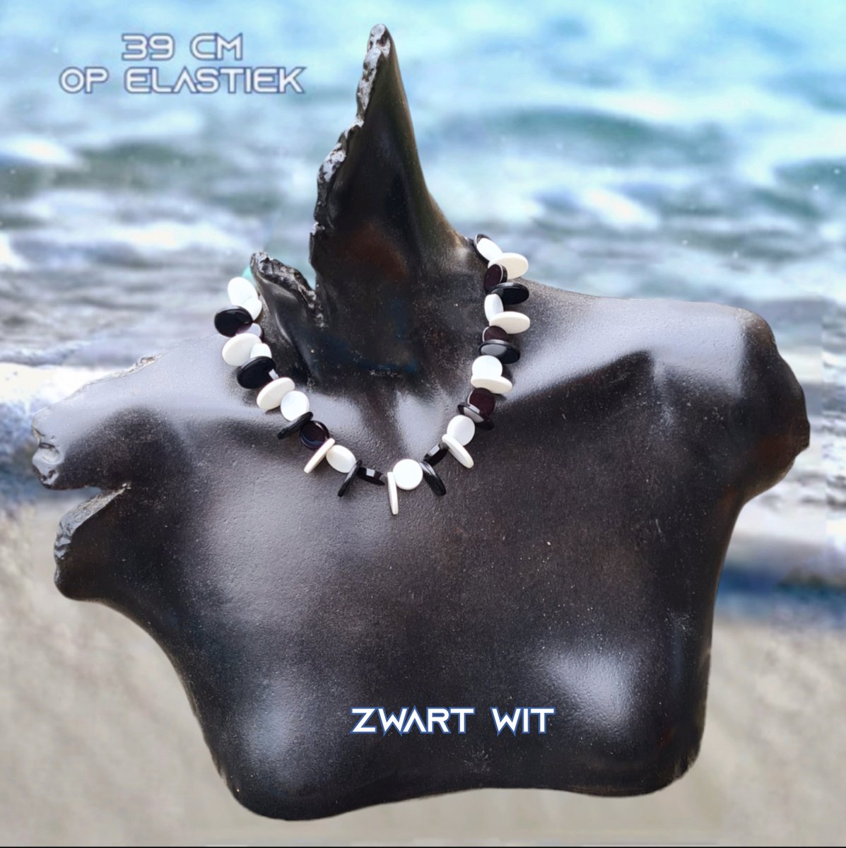 Fashion Jewelry - Going Retro® - Vrolijke ketting met kunststof variatie beads op elastiek - 39 cm rekbaar - 1 stuks - Zwart Wit - Casual - Strand - Thema Feest - Festival - Kinderen Tieners Volwassenen - Unisex