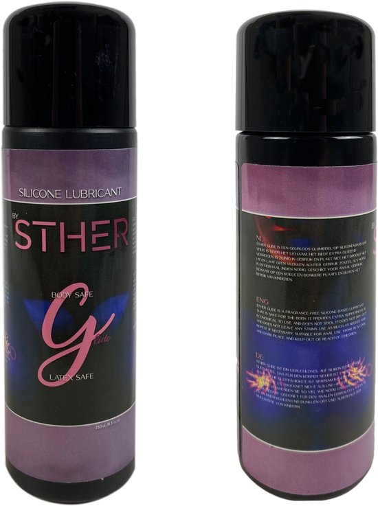 Twee flessen STHER Silicone Lubricant, met informatie in het Nederlands, Engels en Duits.