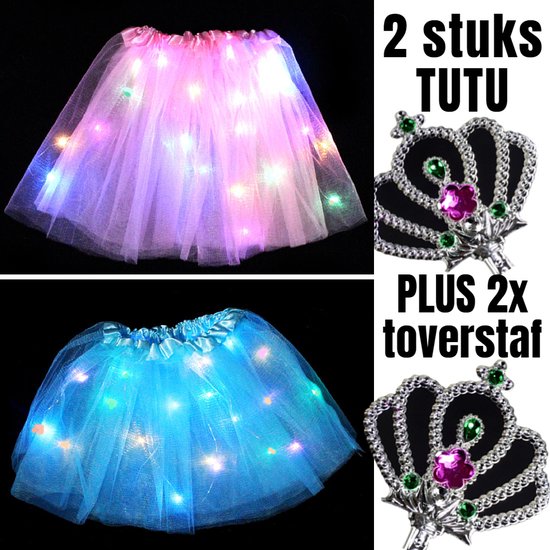 Allernieuwste.nl® 2 STUKS Tutu Kinder Rokje met Gekleurde Lichtjes PLUS 2 STUKS Toverstaf - Kinder Petticoat - 2 Stuks: ROSE en BLAUW