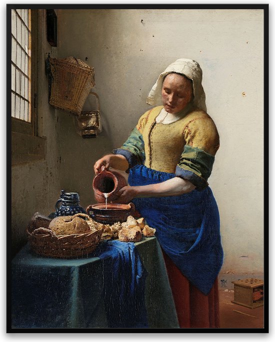Johannes Vermeer het Melkmeisje Fotolijst met glas 40 x 50 cm - Prachtige kwaliteit - jarig - verjaardag - kado - Canvas - incl ophangsysteem - Poster - Grappig - cadeau