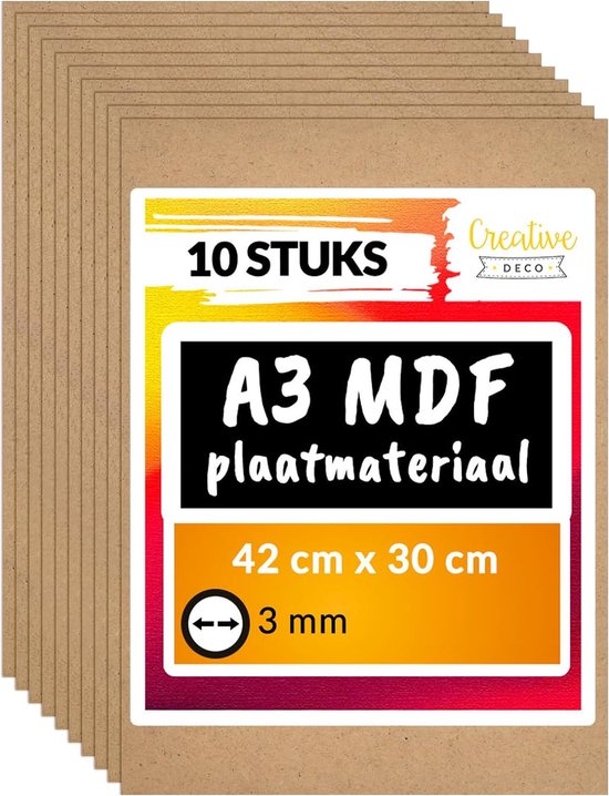 Creative Deco 10 x A3 MDF - Plaat | 420 x 300 x 3 mm | Lasersnijden, Freeswerk, DIY, Kunstprojecten