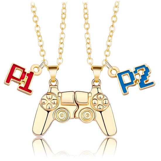 Gouden BFF ketting met twee gamecontroller hangers. De ene hanger is 'P1' en de andere is 'P2'.
