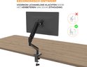 Zwarte monitorarm op een houten bureau, met ergonomische weergave van de zitpositie.