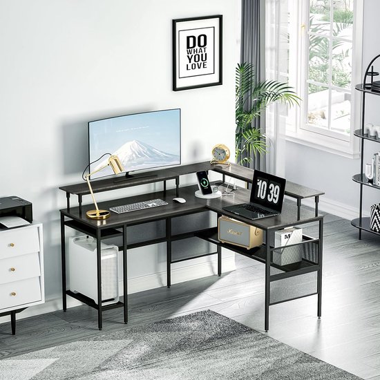 Seventable L-vormig bureau met stopcontact en LED, computerbureau met laden en archiefkast, omkeerbaar thuiskantoor bureau met opbergplanken, hoekgamingbureau met monitorstandaards, vintage bruin