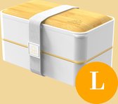Bento Lunch Box, 2 Recipiente 4 Cubiertos, Tupper Compartimentos Estilo Bento Box Japonés (White & Bamboo - 1200 ml, White & Bamboo - 1200 ml)